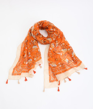 レトロフラワー柄　ストール(オレンジ-ONESIZE)
