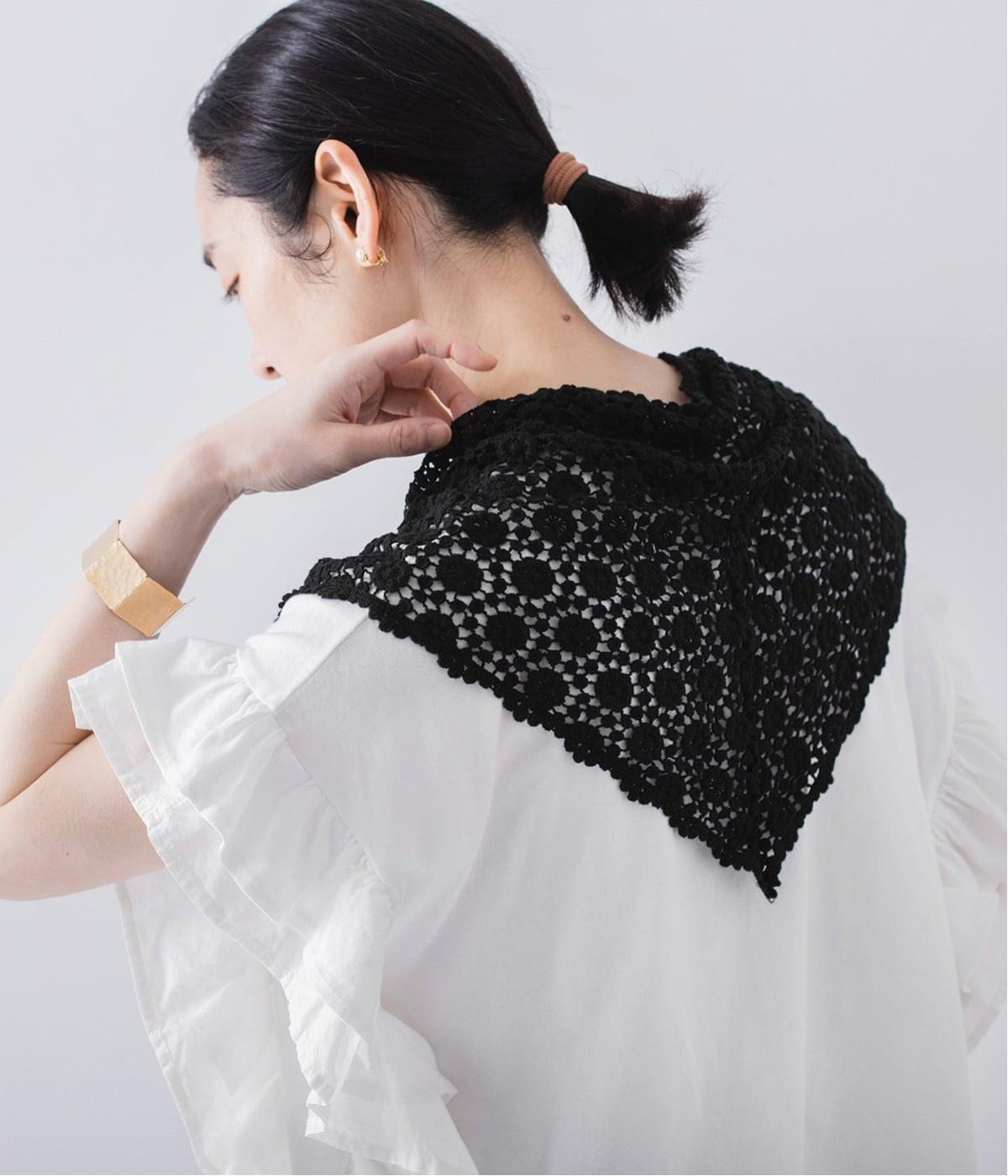 コットン さんかくお花柄レースショール(ブラック-F)