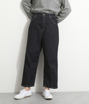 ストレッチ　デニム　ワイドコクーンパンツ(インディゴ-ONESIZE)