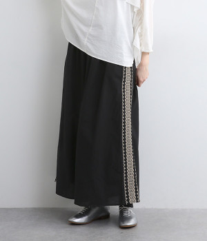 コットンリネンクロス　ステッチデザインワイドパンツ(ブラック-ONESIZE)
