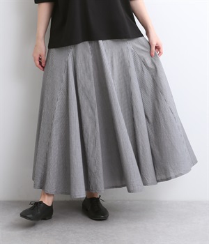 コットンワンウォッシュパネルフレアデザインスカート(ブラックミックスストライプ-ONESIZE)