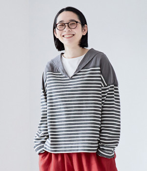 セーラーカラー　ボーダーデザインプルオーバー(チャコール/エクリュ-ONESIZE)