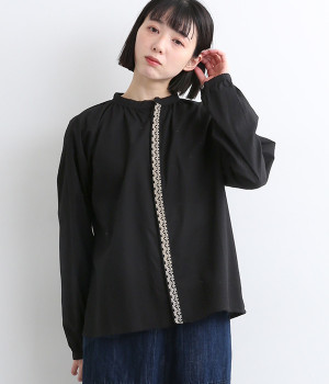 コットンリネンクロス　ステッチデザイン　ブラウス(ブラック-ONESIZE)