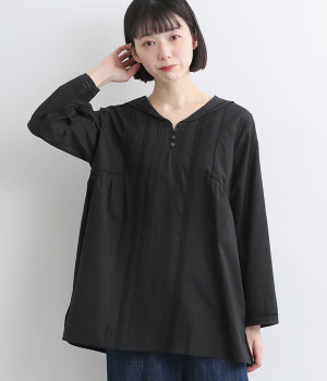 コットン＆レースワンウォッシュセーラーカラーブラウス(ブラック-ONESIZE)