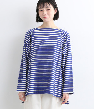 先染めボーダー天竺ワンウォッシュラグランスリーブプルオーバー(ブルー×ナチュラル-ONESIZE)