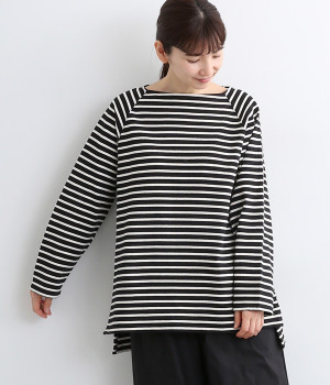先染めボーダー天竺ワンウォッシュラグランスリーブプルオーバー(ブラック×ナチュラル-ONESIZE)