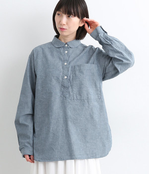 コットンワンウォッシュクラッシックダンガリー丸襟＆ビックポケットシャツ(ブルー-ONESIZE)
