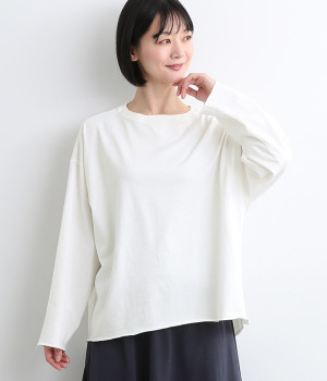 コットン天竺フライスワンウォッシュシングルジャージーカットオフロングTシャツ(オフホワイト-ONESIZE)