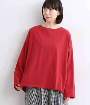 コットン天竺フライスワンウォッシュシングルジャージーカットオフロングTシャツ(レッド-ONESIZE)