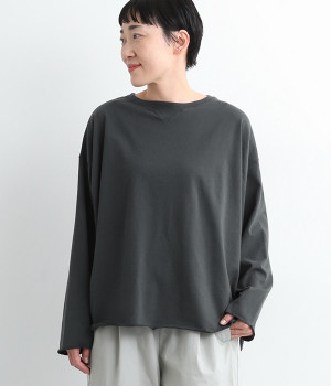 コットン天竺フライスワンウォッシュシングルジャージーカットオフロングTシャツ(チャコール-ONESIZE)