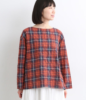 コットンポリウレタンワンウォッシュシャーリングチェックTブラウス(レッドチェック-ONESIZE)