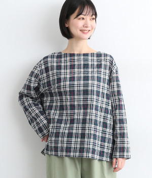コットンポリウレタンワンウォッシュシャーリングチェックTブラウス(ネイビーチェック-ONESIZE)