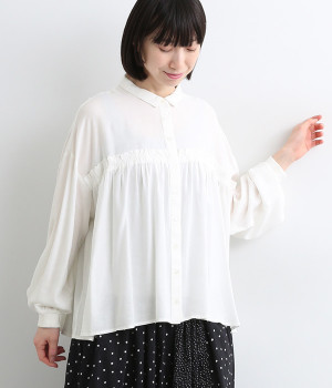 レーヨンリネンワンウォッシュダイ袖リブタックギャザーブラウス(オフホワイト-ONESIZE)