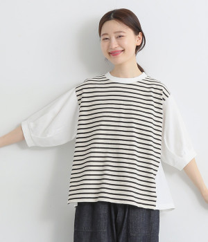 先染め天竺ボーダー×綾織りワンウォッシュコンビネーションプルオーバー(ナチュラル×ブラック-ONESIZE)