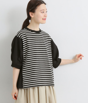 先染め天竺ボーダー×綾織りワンウォッシュコンビネーションプルオーバー(ブラック×ナチュラル-ONESIZE)