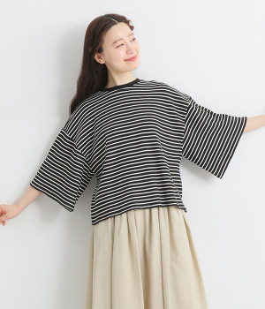 ワッフルボーダーワイドスリーブプルオーバー(オフホワイト×ブラック-ONESIZE)