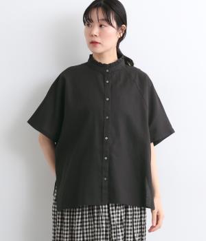 コットンリネンワンウォッシュフリルカラードルマンブラウス(ブラック-ONESIZE)