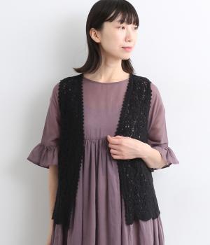 コットンクロシェ編みベスト(ブラック-ONESIZE)