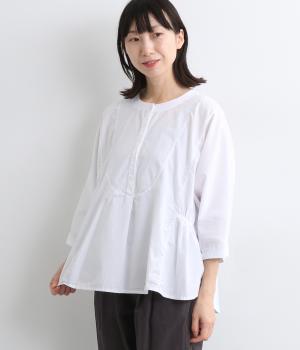 コットンヘンリーネックサイドギャザーブラウス(オフホワイト-ONESIZE)