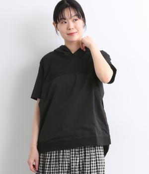 コットンフード付バックギャザー切替Tシャツ(ブラック-ONESIZE)