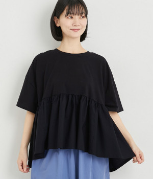 コットンワンウォッシュジャージコンビネーションギャザープルオーバー(ブラック-ONESIZE)