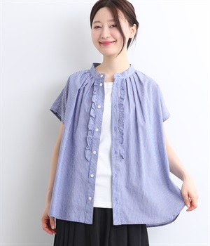 コットンワンウォッシュギャザー＆フリルデザインブラウス(ブルーミックスストライプ-ONESIZE)