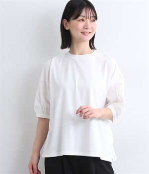 コットンワンウォッシュジャージコンビネーションシャーリングスリーブプルオーバー(オフホワイト-ONESIZE)