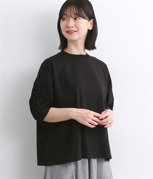 コットンワンウォッシュジャージコンビネーションシャーリングスリーブプルオーバー(ブラック-ONESIZE)