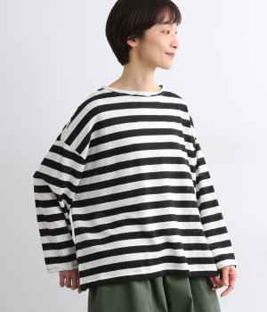 リネン天竺先染めボーダープルオーバー(オフホワイト×ブラック-F)