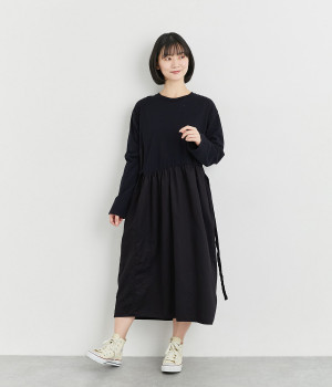 天竺×コットンサテンワンウォッシュコンビネーションワンピース(ブラック-ONESIZE)
