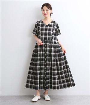 コットンワンウォッシュギャザー＆タックデザインワンピース(ブラックチェック-ONESIZE)
