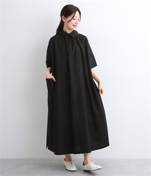 コットンワンウォッシュスラブミニタリー2wayワンピース(ブラック-ONESIZE)