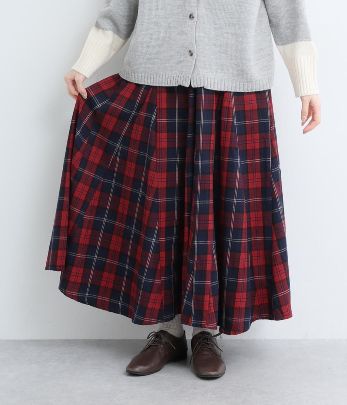 チェックデザインパネルフレアスカート(レッドチェック-F)