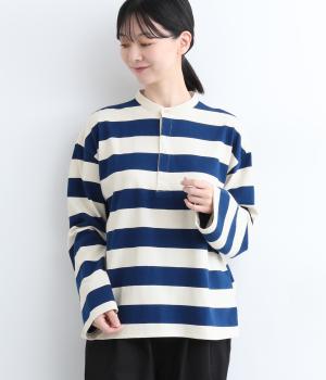 コットンワンウォッシュジャージファブリックラグビーシャツプルオーバー(ブルー×ナチュラルボーダー-ONESIZE)