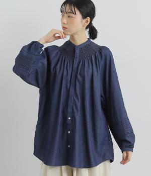 コットンリネンワンウォッシュレーヨンスモッキングエンブロイダリ―デザインブラウス(インディゴ-F)