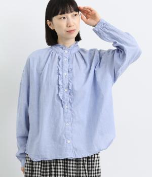 コットンヤーンウォッシュドフリルブラウス(ブルー-F)