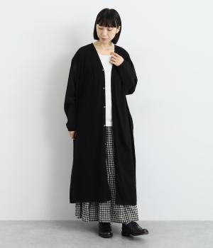 コットン天竺ワンウォッシュジャージ＆ソフトローンコンビネーションロングワンピースカーディガン(ブラック-F)