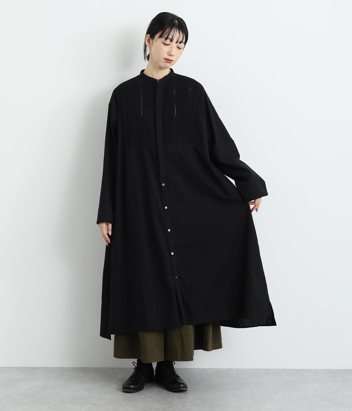 コットンリネンワンウォッシュレーヨンピンタック＆レースデザインワンピース(ブラック-F)