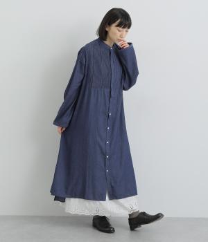コットンリネンワンウォッシュレーヨンピンタック＆レースデザインワンピース(インディゴ-F)