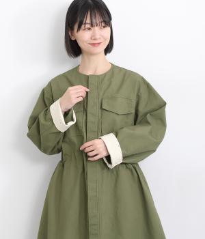 コットンダブルミニタリーコートワンピース(カーキ-F)