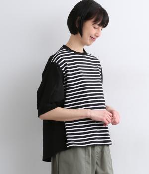 先染天竺×リネンコットンコンビプルオーバー(ブラック/オフホワイト-F)