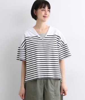 先染天竺×リネンコットンコンビセーラーデザインプルオーバー