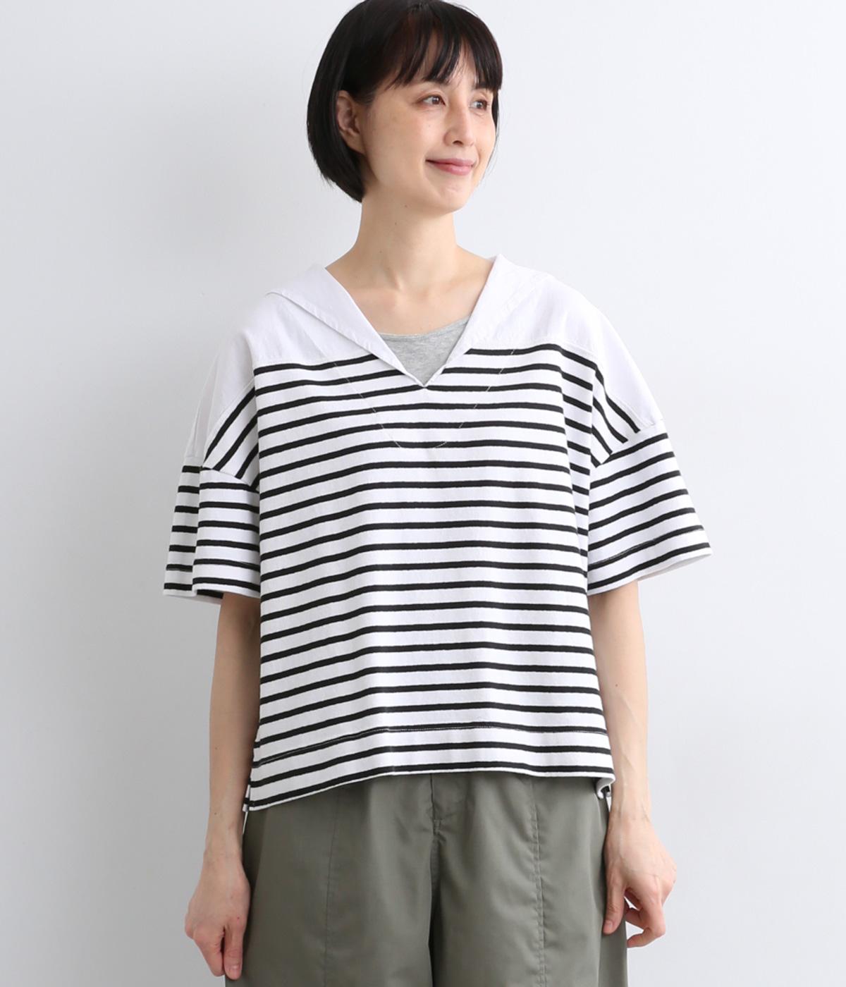 先染天竺×リネンコットンコンビセーラーデザインプルオーバー(オフホワイト/ブラック-F)