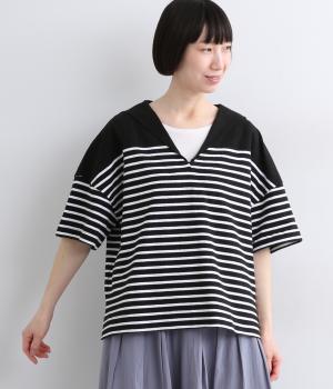 先染天竺×リネンコットンコンビセーラーデザインプルオーバー(ブラック/オフホワイト-F)
