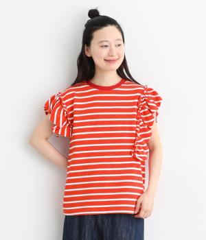 コットンボーダーフリルデザインプルオーバー(レッド×オフホワイト-F)