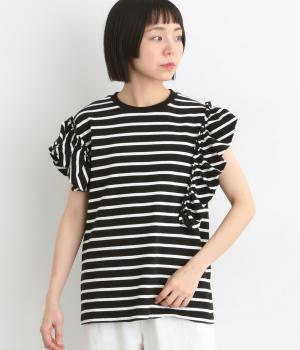 コットンボーダーフリルデザインプルオーバー(ブラック×オフホワイト-F)