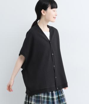 ワッフル&コットンブロードコンビドルマンカーディガン(ブラック-F)