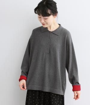コットンラガーシャツデザインプルオーバー（チャコール×レッド・F）