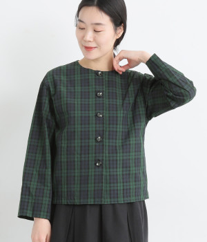 コットンナイロンライトシアーサッカー裏地リバティーノーカラージャケット(ブラックウォッチ-ONESIZE)