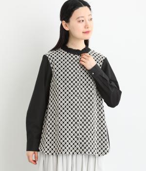 コットンスタンドフリル刺繍ブラウス(ブラック-F)